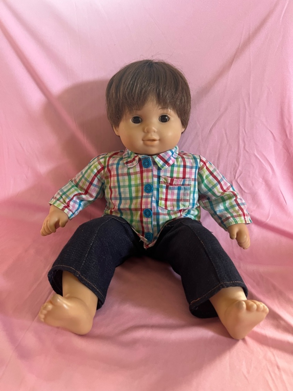 American Girl Bitty Baby Boy Doll in Multicolor Plaid Shirt and Dark Blue Jeans